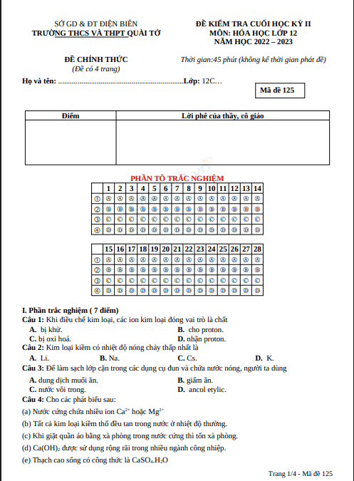 Đề thi học kì 2 môn Hóa học lớp 11 năm 2022-2023 - Trường THPT Quài Tở, Điện Biên 1 Anh chup man hinh 2025 07 10 102704