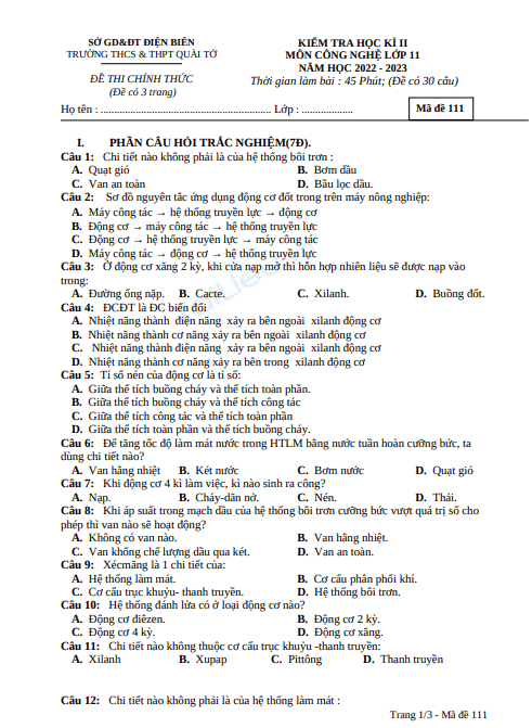 Đề thi học kì 2 môn Công nghệ lớp 11 năm 2022-2023 - Trường THPT Quài Tở, Điện Biên 1 Anh chup man hinh 2025 07 10 111536