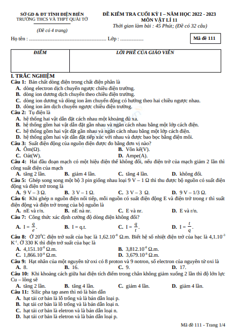Đề thi học kì 1 môn Vật lý lớp 11 năm 2022-2023 - Trường THPT Quài Tở, Điện Biên 1 Anh chup man hinh 2025 07 10 112405