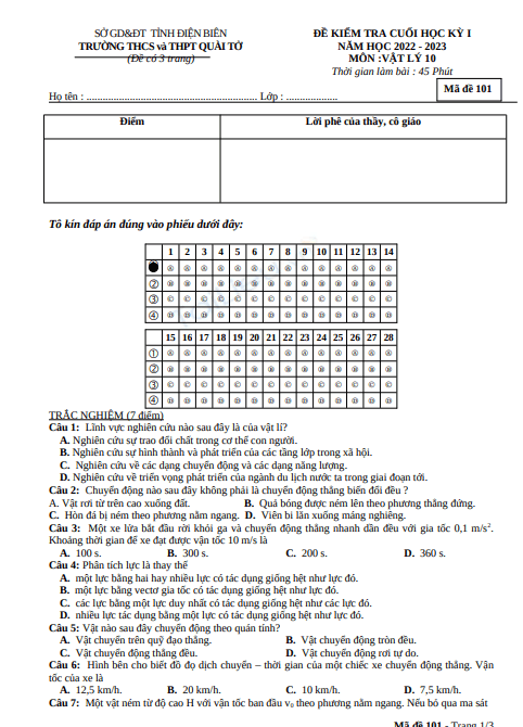 Đề thi học kì 1 môn Vật lý lớp 10 năm 2022-2023 - Trường THPT Quài Tở, Điện Biên 1 Anh chup man hinh 2025 07 10 112900