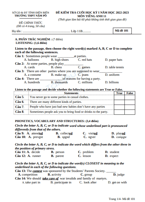 Đề thi học kì 1 môn Tiếng Anh lớp 11 năm 2022-2023 - Trường THPT Nậm Pồ, Điện Biên 1 Anh chup man hinh 2025 07 10 120202
