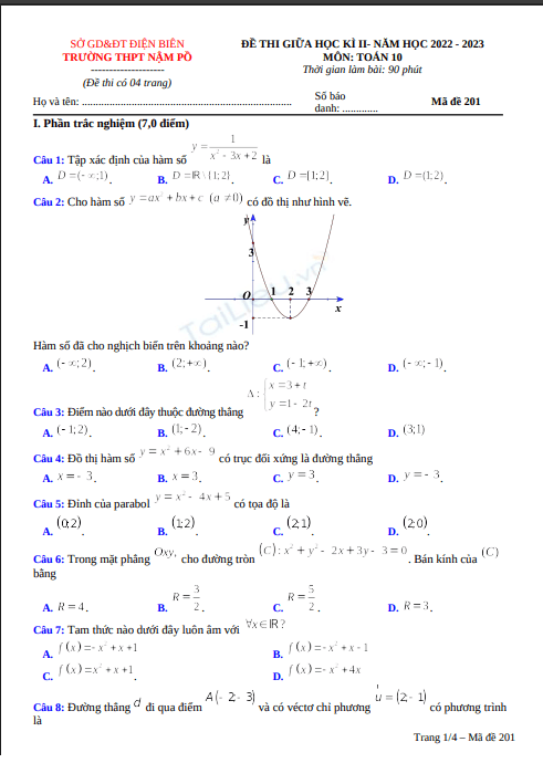 Đề thi giữa học kì 2 môn Toán lớp 10 năm 2022-2023 - Trường THPT Nậm Pồ, Điện Biên 1 Anh chup man hinh 2025 07 11 184711