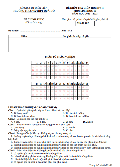 Đề thi giữa học kì 2 môn Sinh học lớp 10 năm 2022-2023 - Trường THPT Quài Tở, Điện Biên 1 Anh chup man hinh 2025 07 11 200046