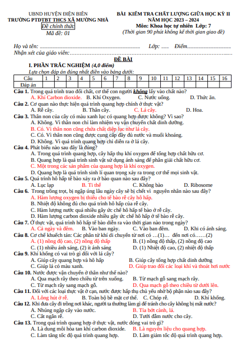 Đề thi giữa học kì 2 môn KHTN lớp 7 năm 2023-2024 có đáp án - Trường PTDTBT THCS Xã Mường Nhà 1 Anh chup man hinh 2025 07 11 205446