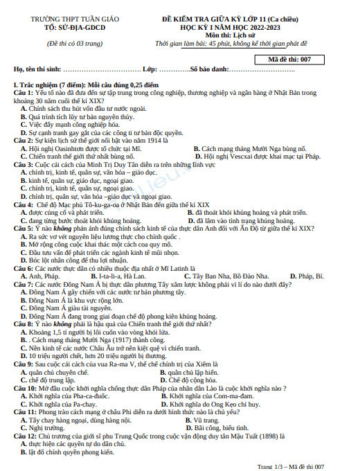 Đề thi giữa học kì 1 môn Lịch sử lớp 11 năm 2022-2023 - Trường THPT Tuần Giáo 1 Anh chup man hinh 2025 07 12 201958