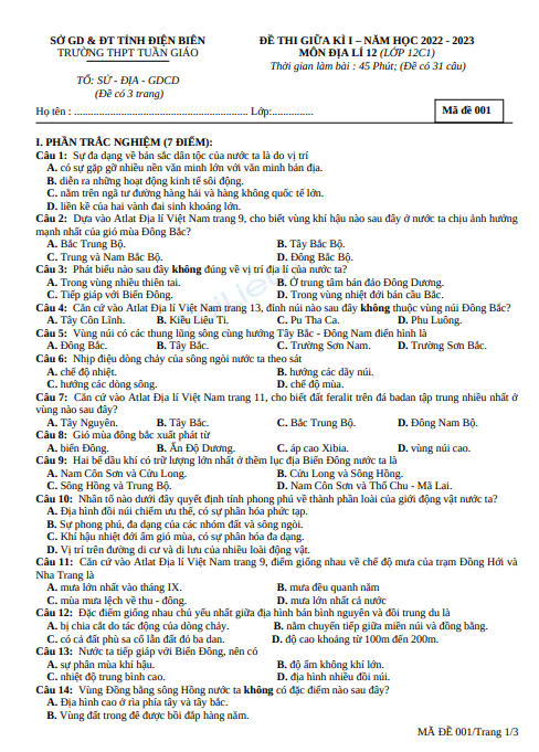 Đề thi giữa học kì 1 môn Địa lí lớp 12 năm 2022-2023 - Trường THPT Tuần Giáo 1 Anh chup man hinh 2025 07 13 152436