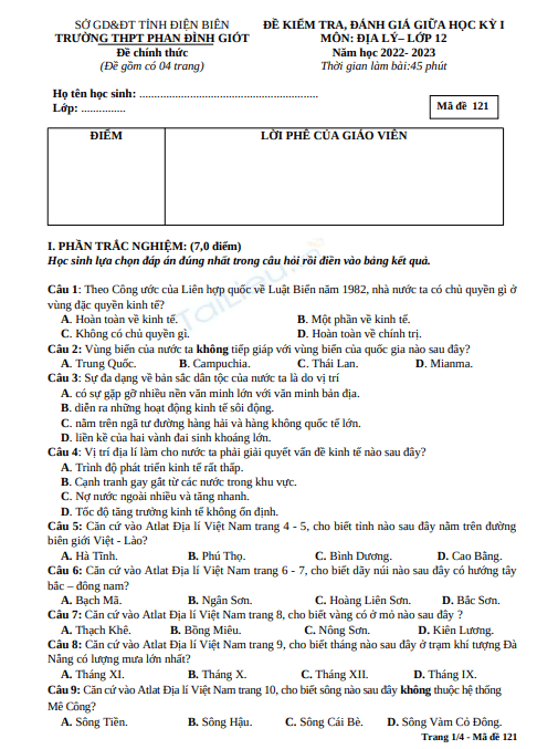 Đề thi giữa học kì 1 môn Địa lí lớp 12 năm 2022-2023 - Trường THPT Phan Đình Giót, Điện Biên 1 Anh chup man hinh 2025 07 13 152543