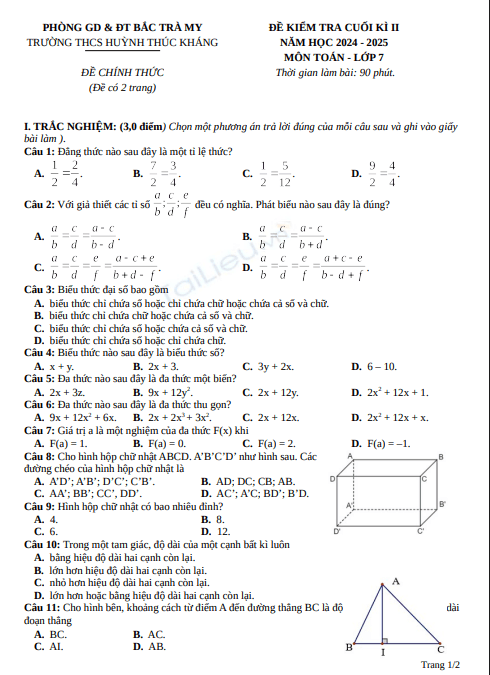 Đề thi học kì 2 môn Toán lớp 7 năm 2024-2025 có đáp án - Trường THCS Huỳnh Thúc Kháng, Bắc Trà My 1 Anh chup man hinh 2025 07 13 161617