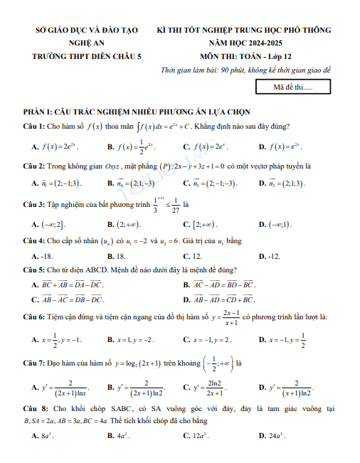 Đề thi thử tốt nghiệp THPT môn Toán năm 2025 có đáp án - Trường THPT Diễn Châu 5, Nghệ An 1 Anh chup man hinh 2025 07 15 205309