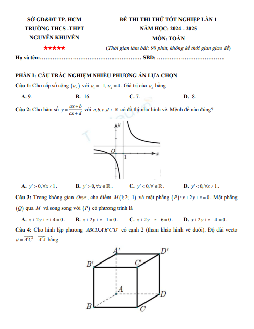 Đề thi thử tốt nghiệp THPT môn Toán năm 2025 có đáp án - Trường THCS-THPT Nguyễn Khuyến, HCM 1 Anh chup man hinh 2025 07 16 090417