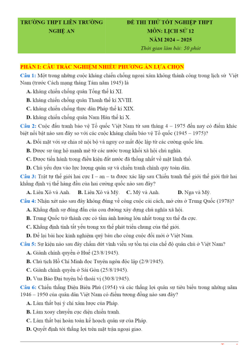 Đề thi thử tốt nghiệp THPT môn Lịch sử năm 2025 có đáp án - Trường THPT Liên trường Nghệ An 1 Anh chup man hinh 2025 07 16 134206