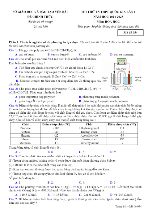Đề thi thử tốt nghiệp THPT môn Hóa học năm 2025 có đáp án - Sở GD&ĐT Yên Bái (Lần 1) 1 Anh chup man hinh 2025 07 16 181103
