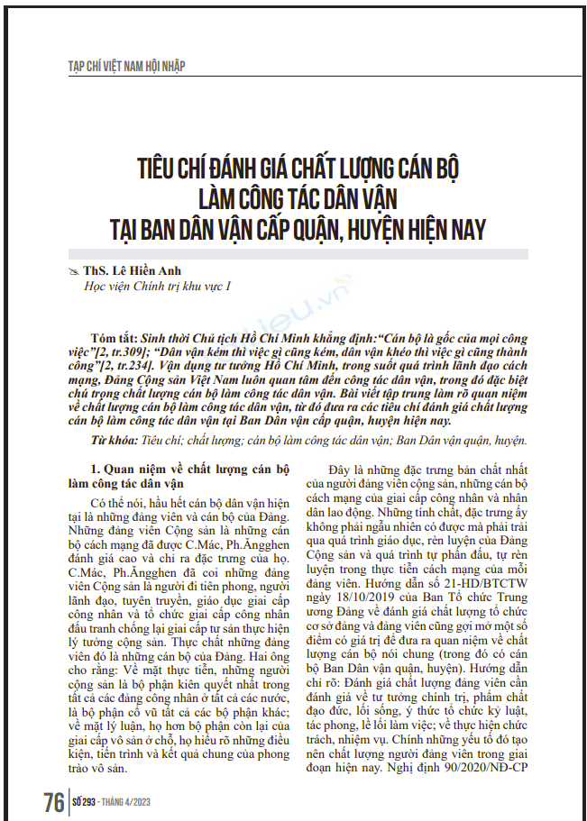 Tiêu chí đánh giá chất lượng cán bộ làm công tác dân vận tại ban dân vận cấp quận, huyện hiện nay 1 Anh chup man hinh 2025 07 18 095650
