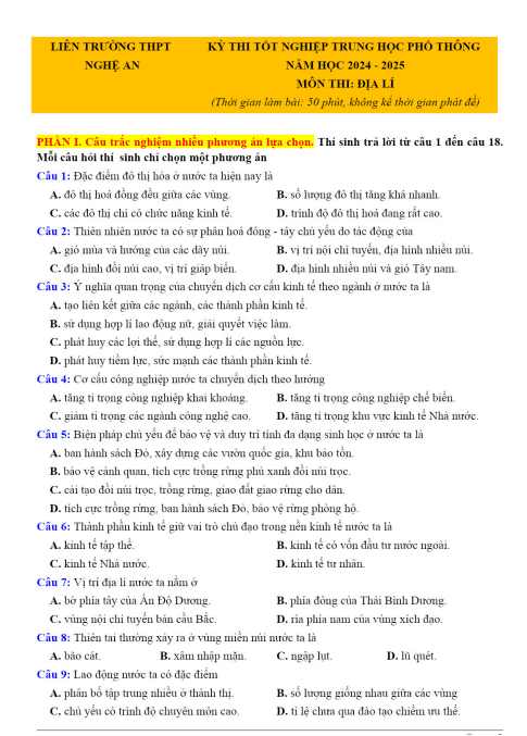 Đề thi thử tốt nghiệp THPT môn Địa lí năm 2025 có đáp án - Liên trường THPT Nghệ An 1 Anh chup man hinh 2025 07 18 155905