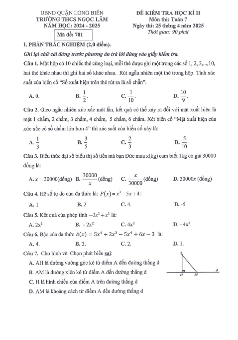 Đề thi học kì 2 môn Toán lớp 7 năm 2024-2025 có đáp án - Trường THCS Ngọc Lâm, Long Biên 1 Anh chup man hinh 2025 07 18 190741