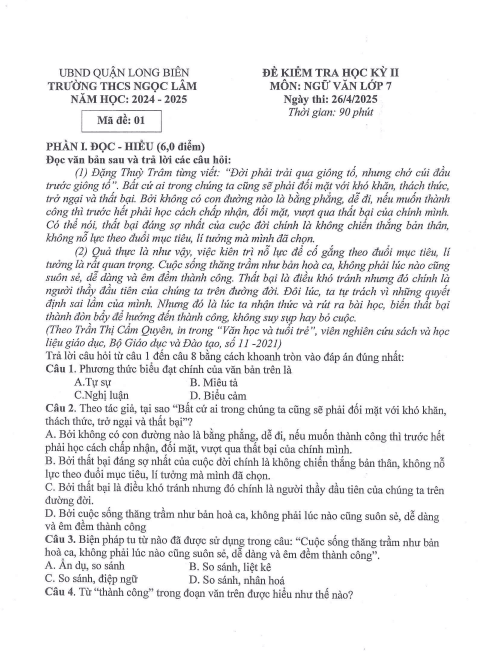 Đề thi học kì 2 môn Ngữ văn lớp 7 năm 2024-2025 có đáp án - Trường THCS Ngọc Lâm, Long Biên 1 Anh chup man hinh 2025 07 18 201556
