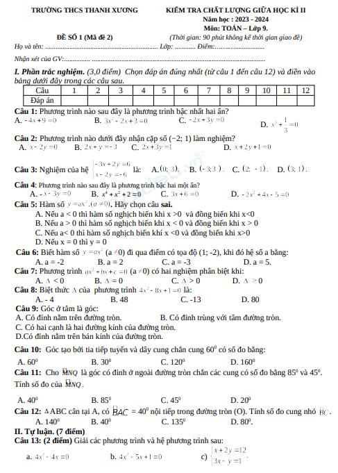 Đề thi giữa học kì 2 môn Toán lớp 9 năm 2023-2024 có đáp án - Trường THCS Thanh Xương, Điện Biên 1 Anh chup man hinh 2025 07 19 101131