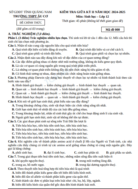 Đề thi giữa học kì 2 môn Sinh học lớp 12 năm 2024-2025 - Trường THPT Âu Cơ, Quảng Nam 1 Anh chup man hinh 2025 07 19 113600