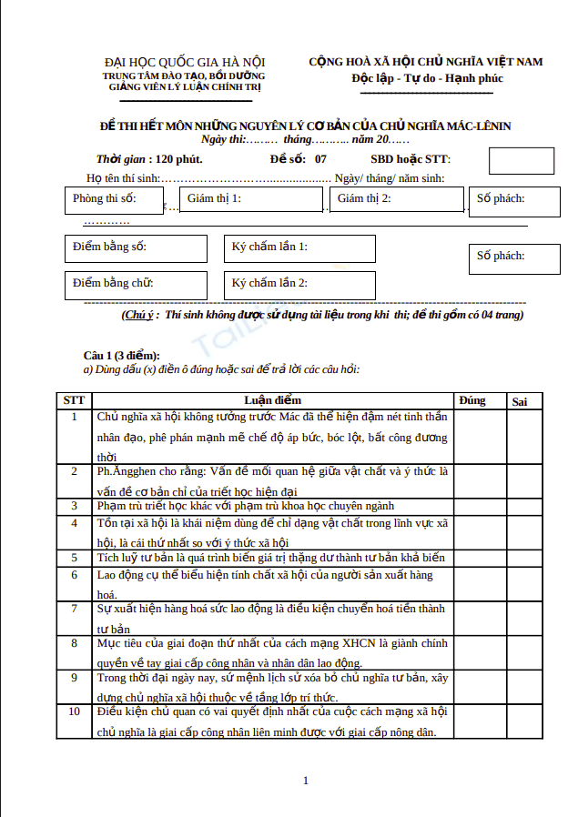 Đề thi hết môn Những nguyên lý cơ bản của chủ nghĩa mác - Lênin (Đề số 07) 1 Anh chup man hinh 2025 07 19 155702