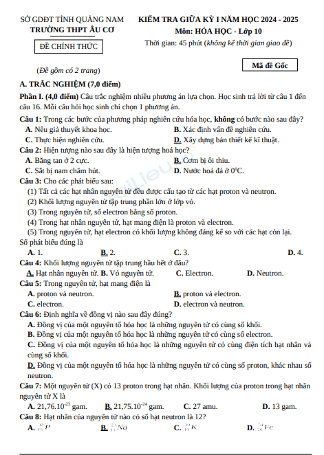 Đề thi giữa học kì 1 môn Hóa học lớp 10 năm 2024-2025 - Trường THPT Âu Cơ, Quảng Nam 1 Anh chup man hinh 2025 07 19 193020