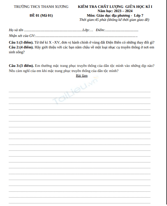 Đề thi giữa học kì 1 môn Giáo dục địa phương lớp 7 năm 2023-2024 có đáp án - Trường THCS Thanh Xương, Điện Biên 1 Anh chup man hinh 2025 07 19 193545