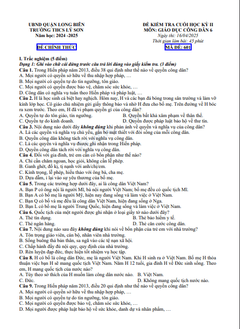 Đề thi học kì 2 môn GDCD lớp 6 năm 2024-2025 - Trường THCS Lý Sơn, Long Biên 1 Anh chup man hinh 2025 07 21 152441