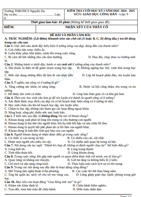Đề thi học kì 1 môn GDCD lớp 9 năm 2024-2025 - Trường TH&THCS Nguyễn Du, Tiên Phước 1 Anh chup man hinh 2025 07 21 182552