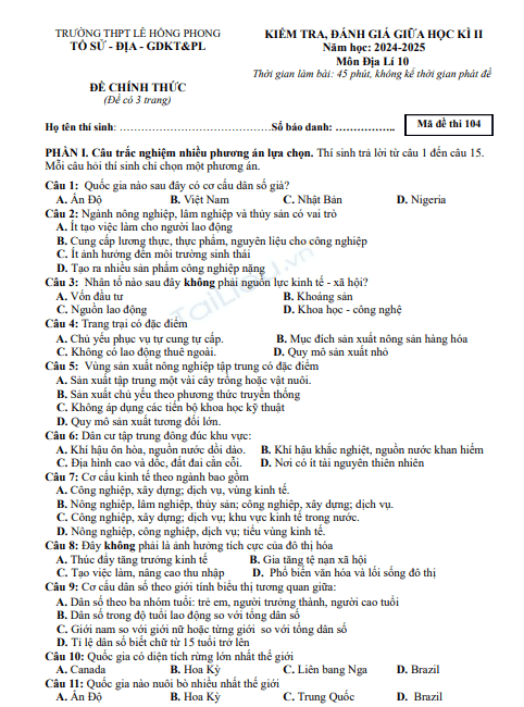 Đề thi giữa học kì 2 môn Địa lí lớp 10 năm 2024-2025 - Trường THPT Lê Hồng Phong, Đắk Lắk 1 Screenshot 2025 07 02 172557