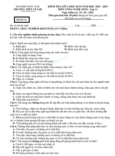 Đề thi giữa học kì 2 môn Công nghệ lớp 11 năm 2024-2025 có đáp án - Trường THPT Lê Lợi, Kon Tum 1 Screenshot 2025 07 02 172844