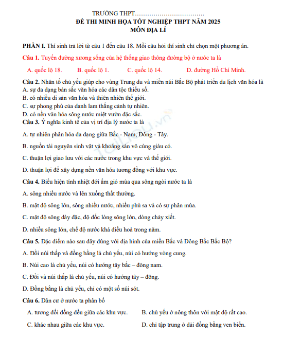 Đề thi tốt nghiệp THPT môn Địa lí (có đáp án) năm 2025 - Bộ Giáo dục và Đào tạo Thừa Thiên Huế (Đề thi tham khảo số 34) 1 Screenshot 2025 07 03 105614