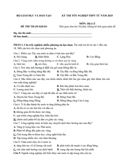 Đề thi tốt nghiệp THPT môn Địa lí (có đáp án) năm 2025 - Bộ Giáo dục và Đào tạo Thừa Thiên Huế (Đề thi tham khảo số 31) 1 Screenshot 2025 07 03 105931