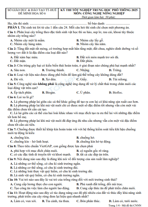 Đề thi tốt nghiệp THPT môn Công nghệ nông nghiệp năm 2025 - Sở Giáo dục và Đào tạo Thừa Thiên Huế (Đề minh họa số 6) 1 Screenshot 2025 07 03 165739