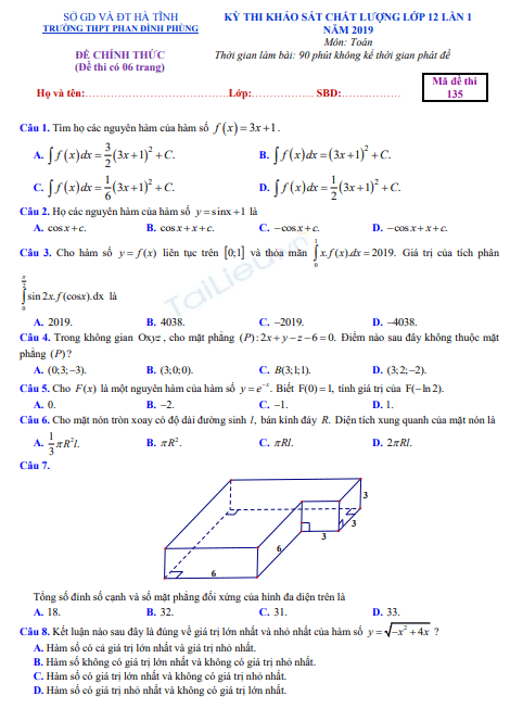 Đề thi khảo sát chất lượng môn Toán lớp 12 (có đáp án) năm 2019 - Trường THPT Phan Đình Phùng 1 Screenshot 2025 07 03 182427