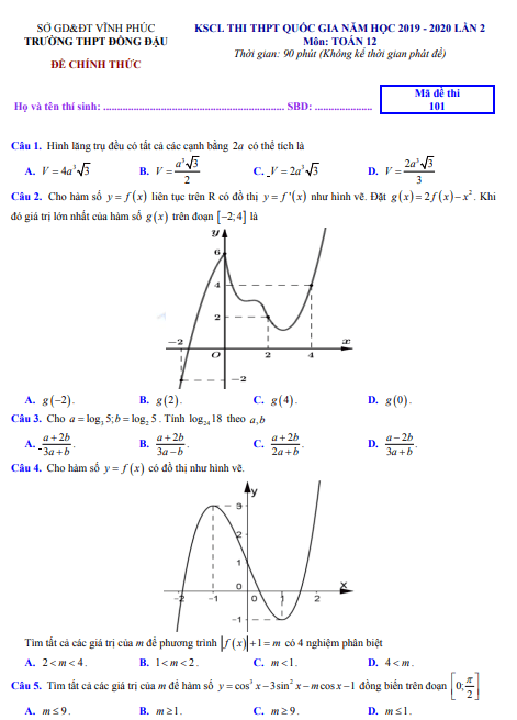 Đề thi khảo sát chất lượng thi THPT Quốc gia môn Toán lớp 12 (có đáp án) năm 2019-2020 - Trường THPT Đồng Đậu 1 Screenshot 2025 07 03 200103