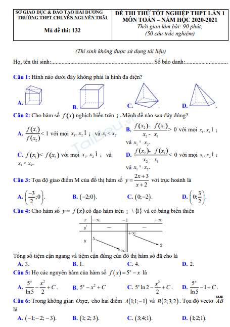 Đề thi thử tốt nghiệp THPT môn Toán (có đáp án) năm 2020-2021 - Trường THPT Chuyên Nguyễn Trãi 1 Screenshot 2025 07 04 133143