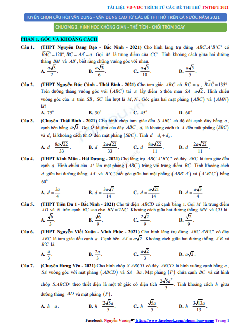 Tài liệu VD-VDC trích từ các đề thi thử tốt nghiệp THPT 2020 môn Toán – Chủ đề: Hình học không gian - thể tích - khối tròn xoay 1 Screenshot 2025 07 06 123318