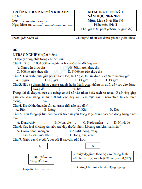 Đề thi học kì 1 môn Lịch sử và Địa lí lớp 6 năm 2024-2025 - Trường THCS Nguyễn Khuyến, Tam Kỳ (Phân môn Địa) 1 Screenshot 2025 07 06 221313