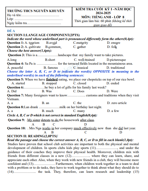 Đề thi học kì 1 môn Tiếng Anh lớp 8 năm 2024-2025 - Trường THCS Nguyễn Khuyến, Tam Kỳ 1 Screenshot 2025 07 07 173904