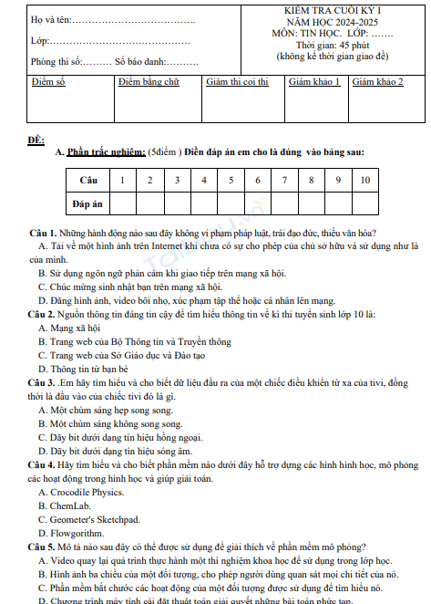 Đề thi học kì 1 môn Tin học lớp 9 năm 2024-2025 - Trường THCS Nguyễn Khuyến, Tam Kỳ 1 Screenshot 2025 07 07 182056