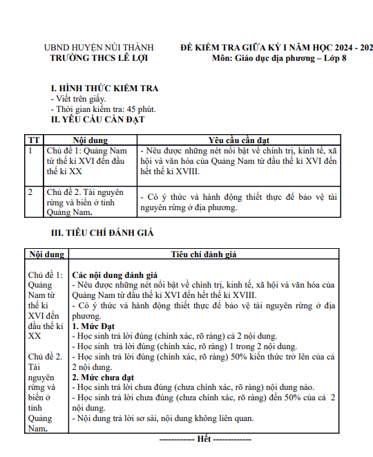 Đề thi giữa học kì 1 môn Giáo dục địa phương lớp 8 năm 2024-2025 có đáp án - Trường THCS Lê Lợi, Núi Thành 1 Screenshot 2025 07 07 212952