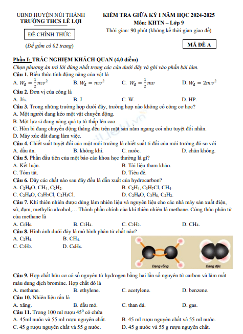 Đề thi giữa học kì 1 môn KHTN lớp 9 năm 2024-2025 - Trường THCS Lê Lợi, Núi Thành 1 Screenshot 2025 07 07 213101
