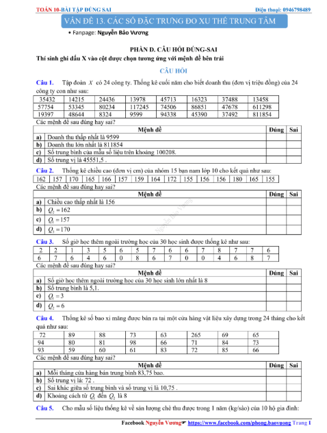VẤN ĐỀ 13. CÁC SỐ ĐẶC TRƯNG ĐO XU THẾ TRUNG TÂM - ĐÚNG SAI 1 Anh chup man hinh 2025 09 04 183855